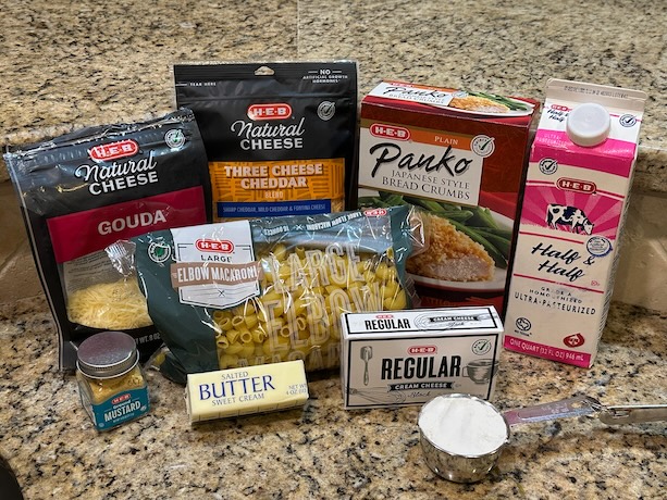 Ingredients for smoked Mac and cheese from Backyard Texas Grill