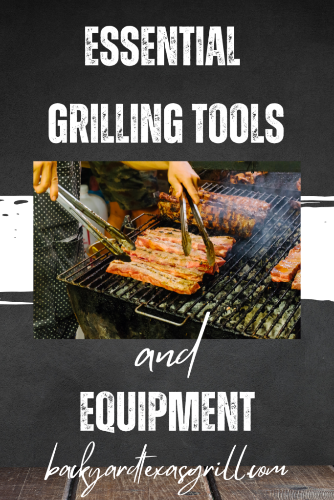 essential grilling tools pin for pinterest, BBQ on grill with tools (tongs) shown
