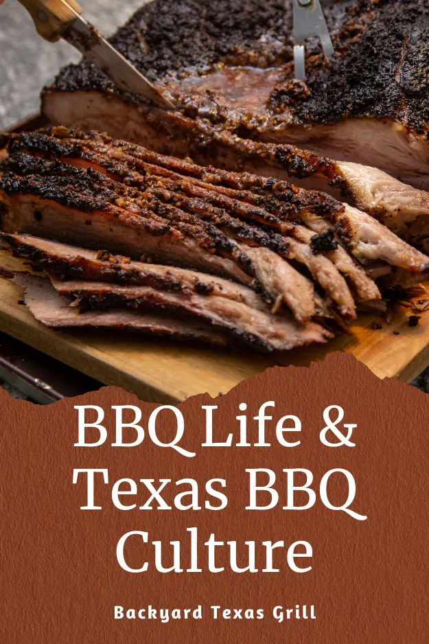 Brisket on cutting board: BBQ Life & Texas BBQ Culture text (Pinterest pin)