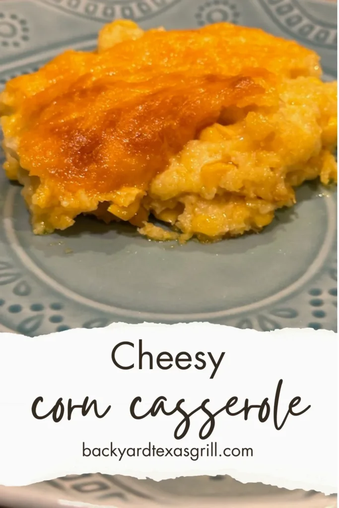 cheesy corn casserole on plate, pin for pinterest