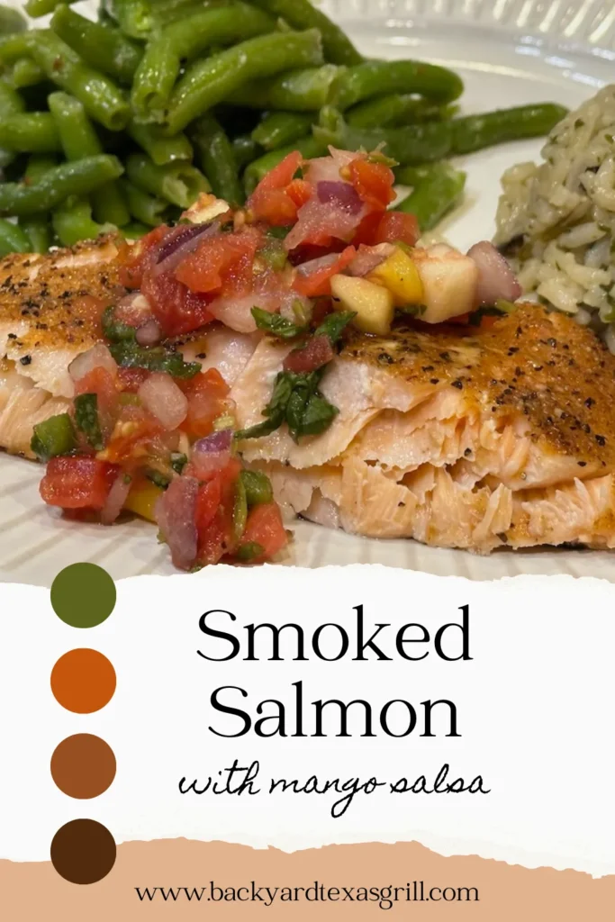 salmon with pico on top and text reading smoked salmon with mango salsa