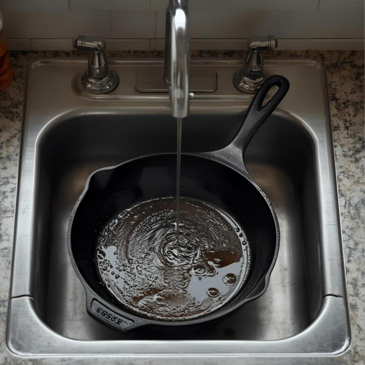 cast iron skillet in sink with water