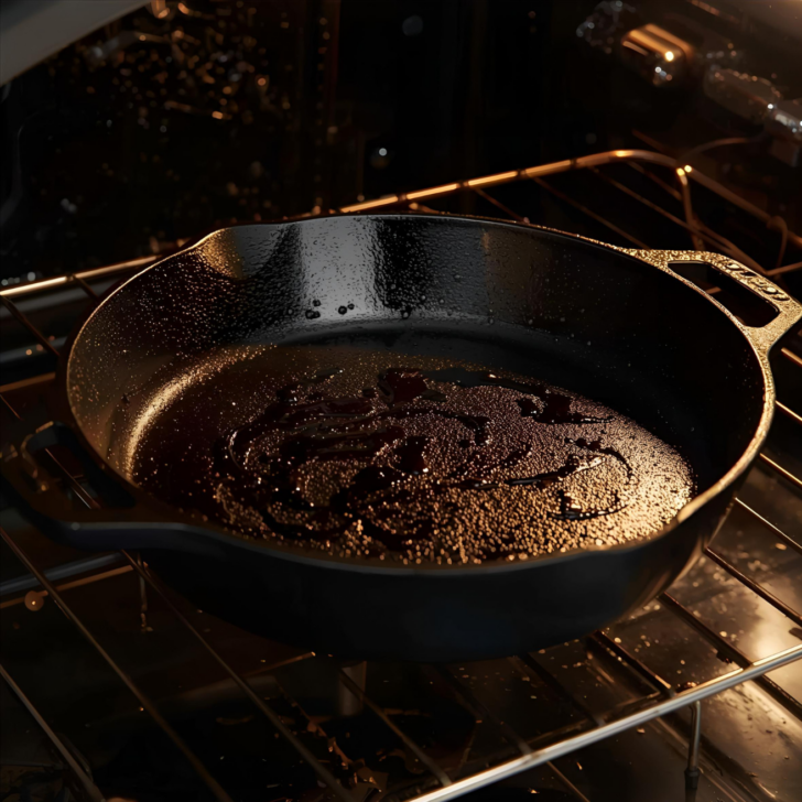 cast iron skillet with oil in oven