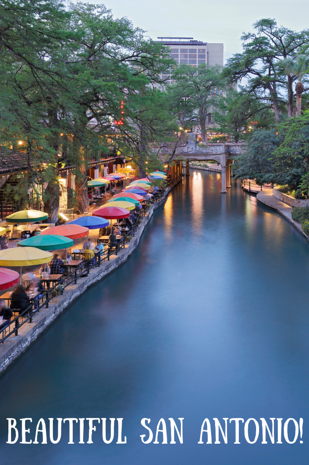 river walk in san antonio texas with tables along the edge with colorful umbrellas and text reading Beautiful San Antonio