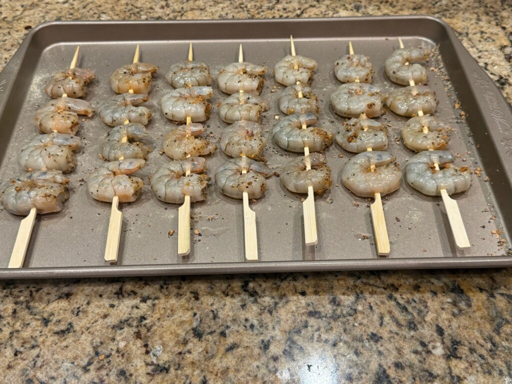 shrimp on skewers, seasoned and ready to cook