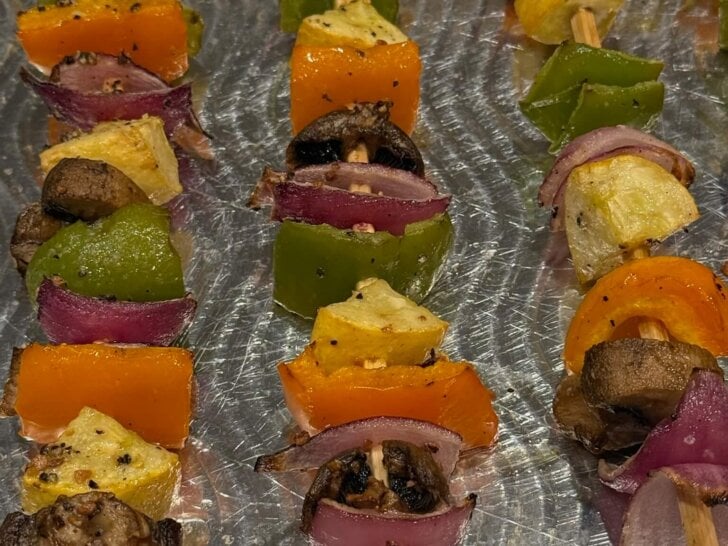 hot veggie skewers, fresh off the grill
