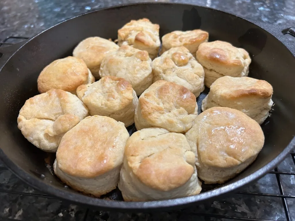 baked biscuits in cast iron skillet