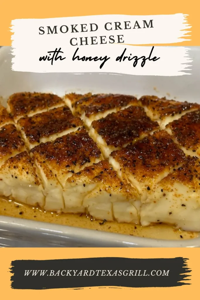 smoked cream cheese with honey drizzle on plate, pin for pinterest
