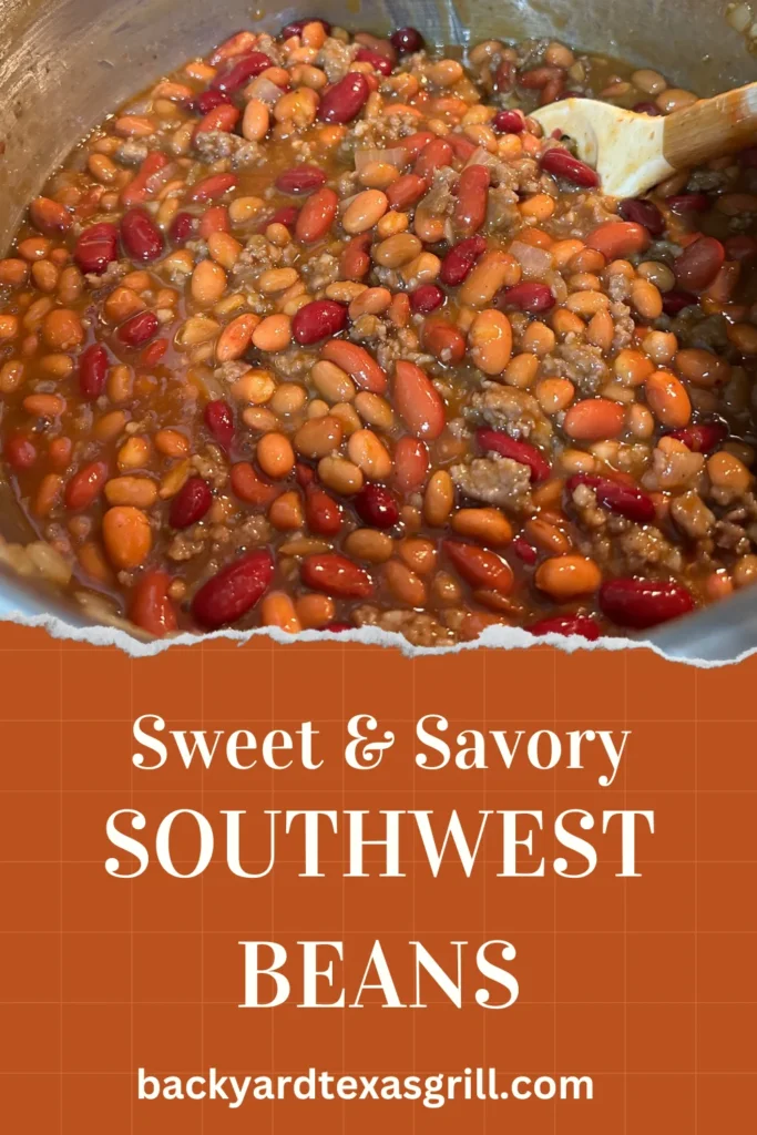 sweet and savory southwest beans: colorful kidney beans with sausage with serving spoon, pin for pinterest