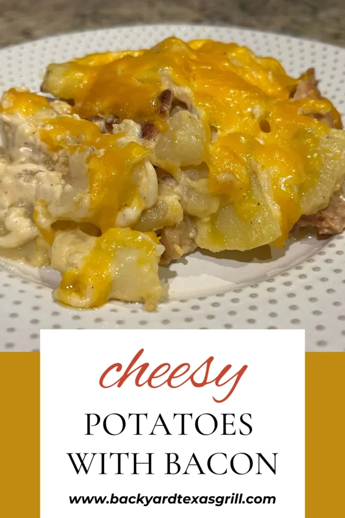 cheesy potatoes with bacon on white plate, pin for pinterest