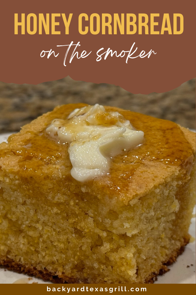 honey cornbread slice on plate (pin for pinterest)