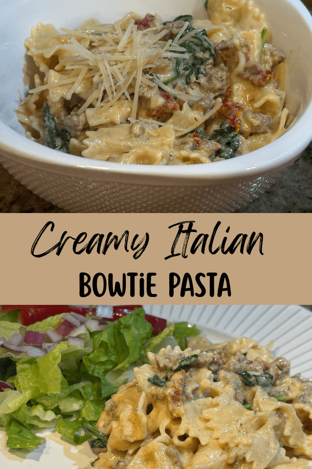 creamy italian bowtie pasta pin for pinterest