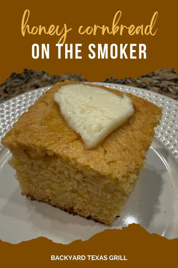 honey cornbread slice on plate (pin for pinterest)