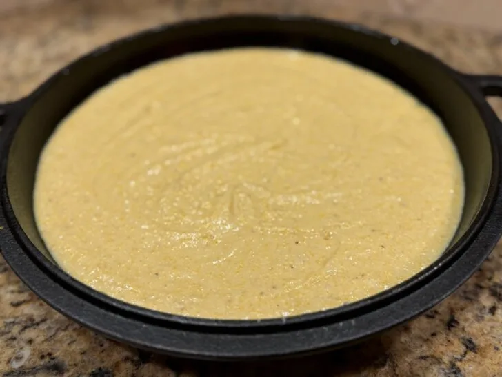 cornbread batter, mixed in cast iron skillet