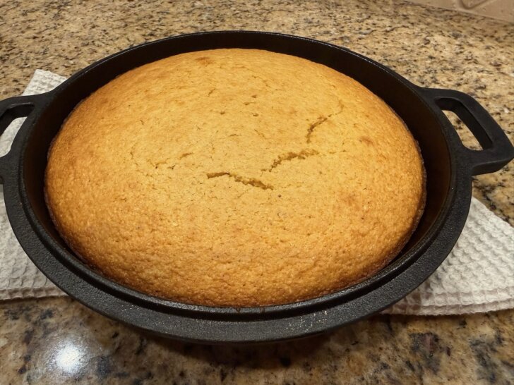 baked cornbread in cast iron skillet
