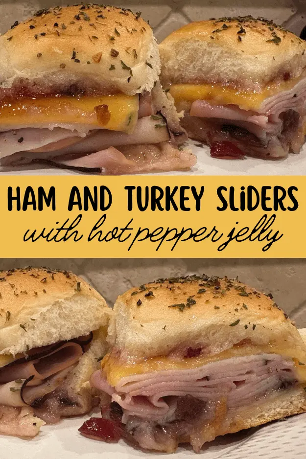 ham and turkey sliders pin for pinterest with text overlay