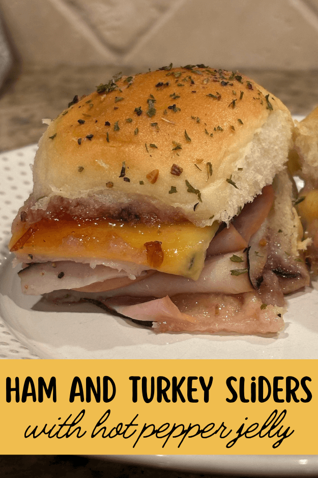 ham and turkey sliders pin for pinterest with text overlay