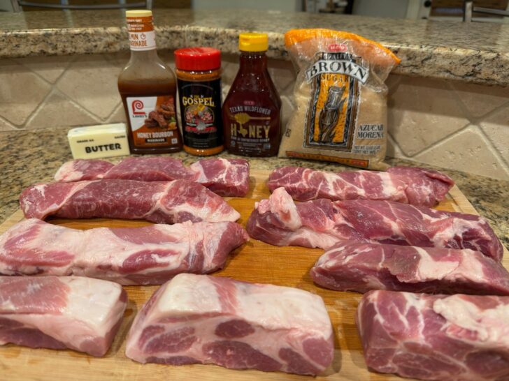 Smoked Honey Bourbon Country-Style Ribs ingredients on cutting board
