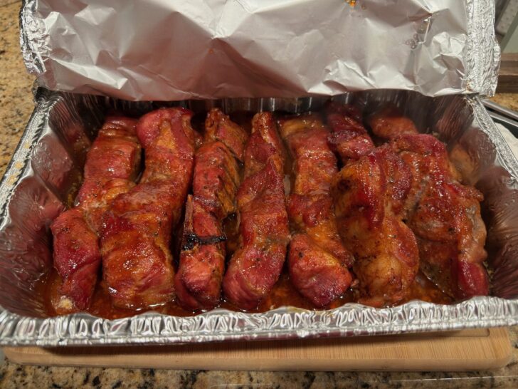 Cooked Smoked Honey Bourbon Country-Style Ribs in pan