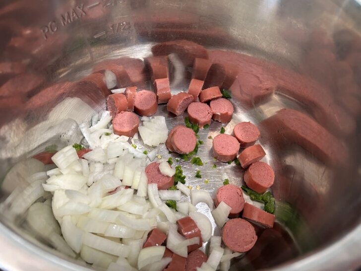 sausage, onion, and jalapeno in instant pot with oil
