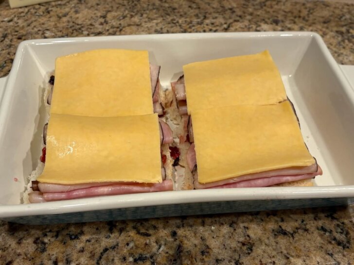 gouda on slider in casserole dish