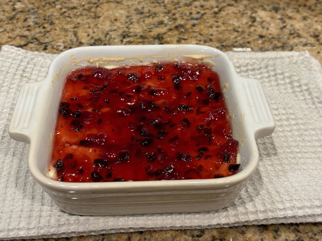 smoked cream cheese with bacon and hot pepper jelly cooling before serving