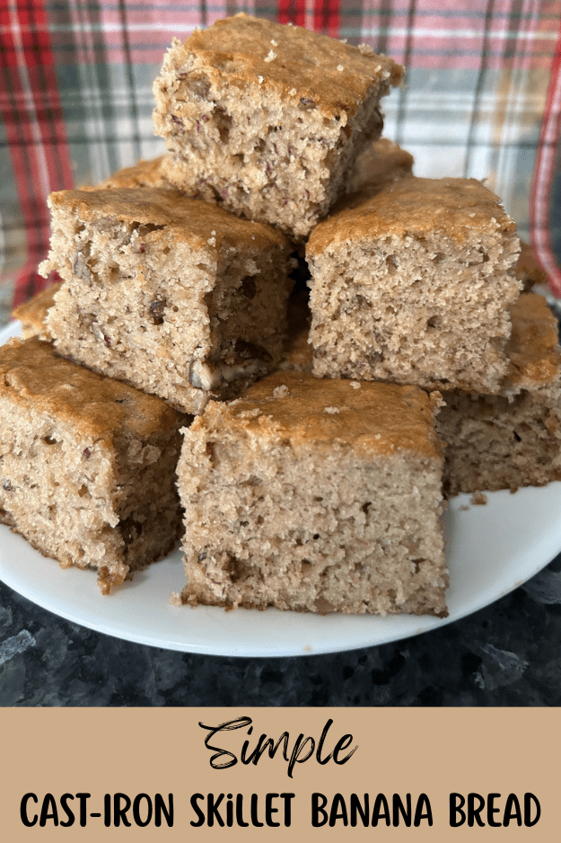 banana bread siced on plate, pin for pinterest