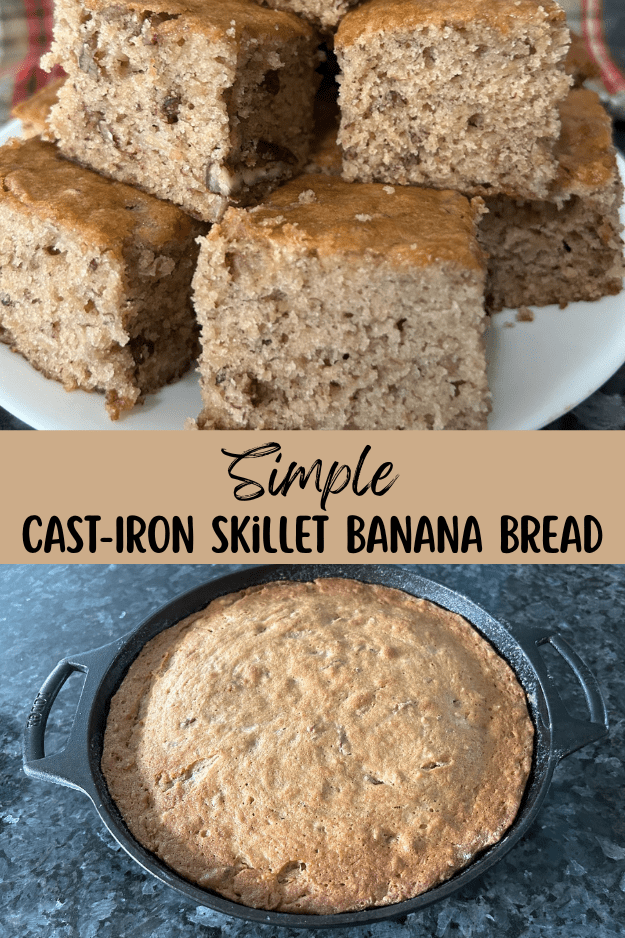 banana bread siced on plate, pin for pinterest