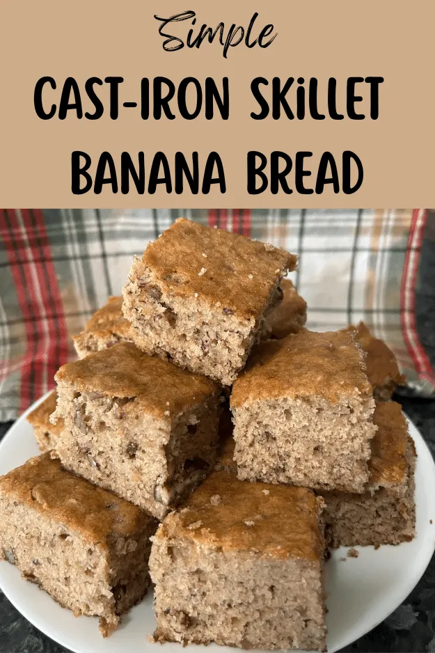 banana bread siced on plate, pin for pinterest