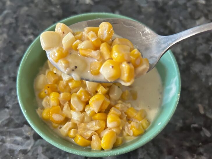 Slow Cooker Honey Cream Corn in bowl with spoon