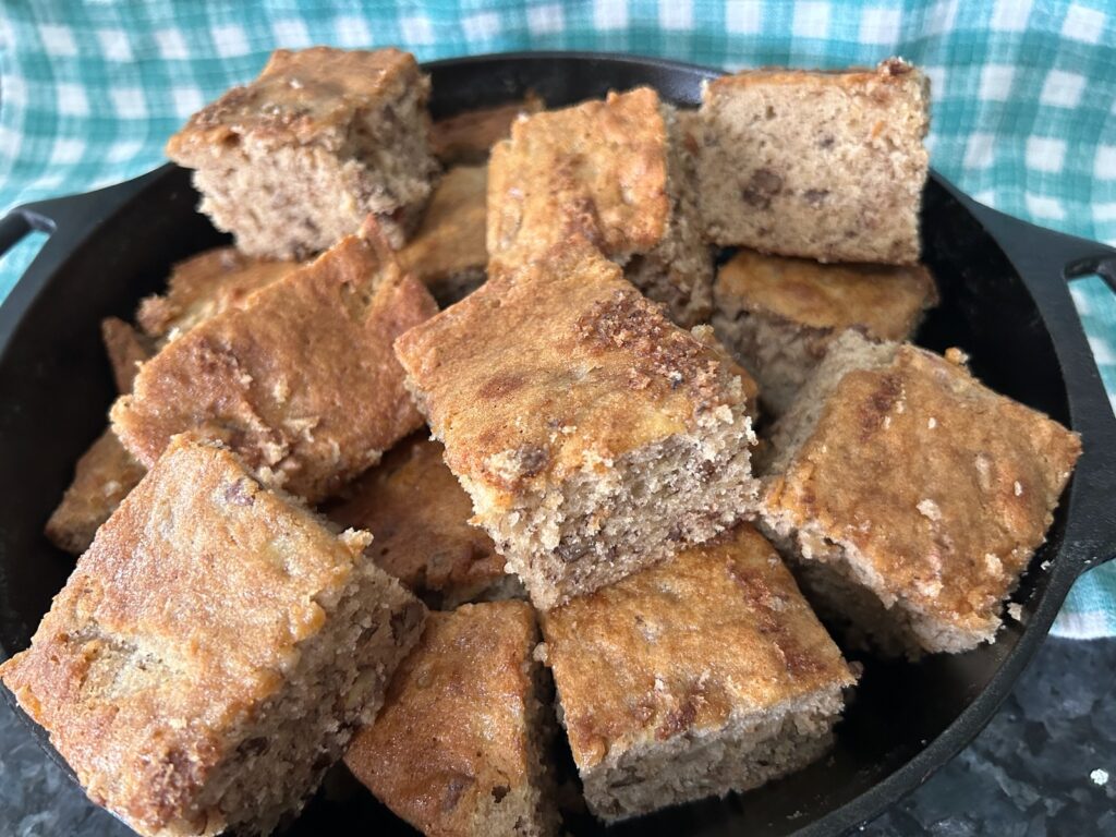 slices of banana bread in skillet