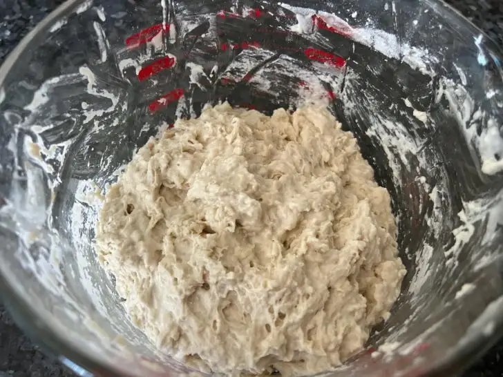 Same Day Jalapeno Cheddar Sourdough Rolls shaggy dough in bowl