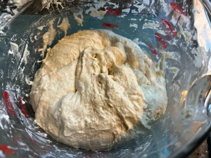 Same Day Jalapeno Cheddar Sourdough Rolls dough in bowl