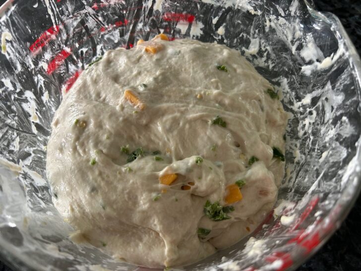 Same Day Jalapeno Cheddar Sourdough Rolls (loose dough in bowl)