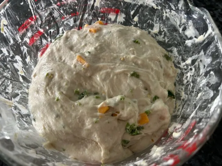 Same Day Jalapeno Cheddar Sourdough Rolls (loose dough in bowl)