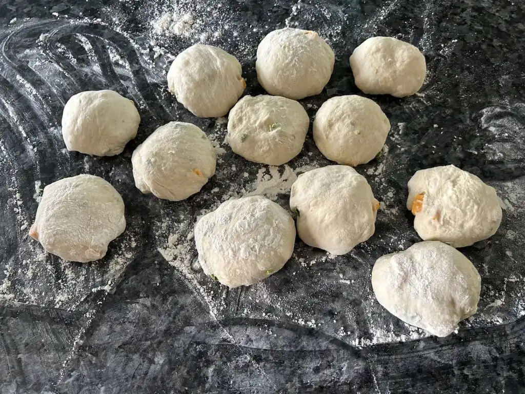 Same Day Jalapeno Cheddar Sourdough Rolls (forming dough balls)