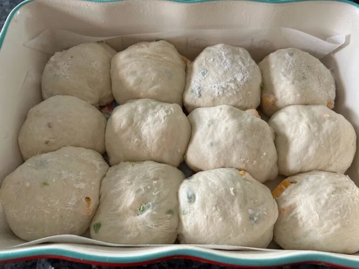 Same Day Jalapeno Cheddar Sourdough Rolls (unbaked, dough in balls in pan)