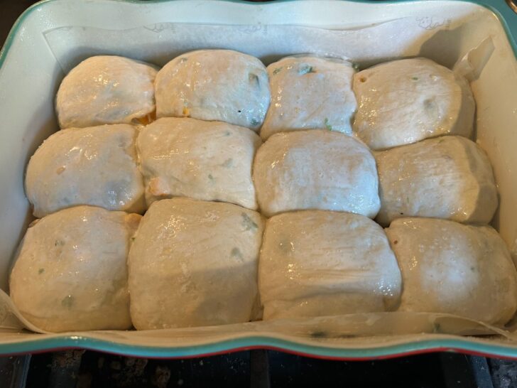 Same Day Jalapeno Cheddar Sourdough Rolls (dough in balls in pan before going in oven)