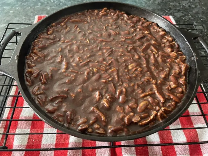 Texas sheet cake brownies with icing in pan