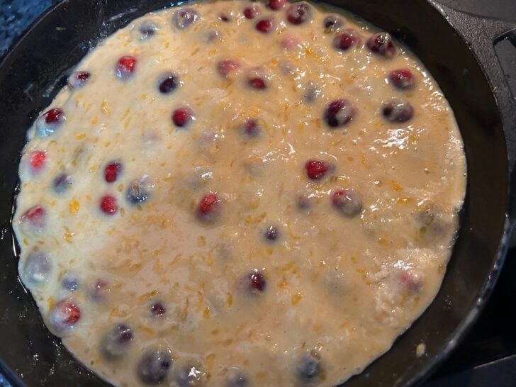 Orange Cranberry Skillet Cake batter in skillet