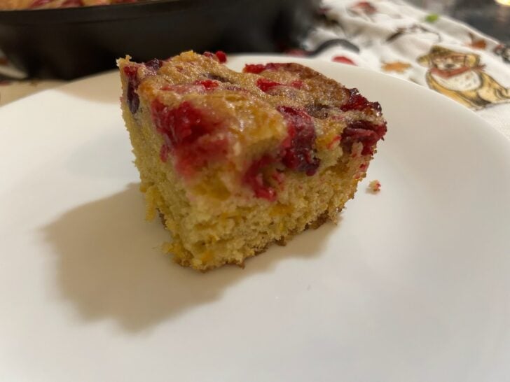 Orange Cranberry Skillet Cake sliced on plate