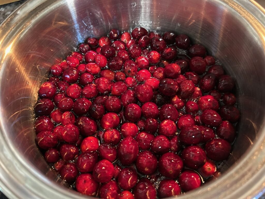 fresh cranberries in pot on stove