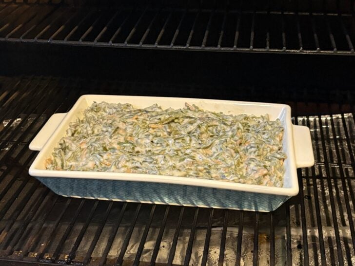 green bean casserole in smoker