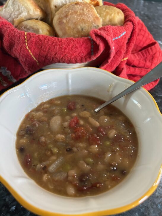 16 bean soup with basket of homemade bread