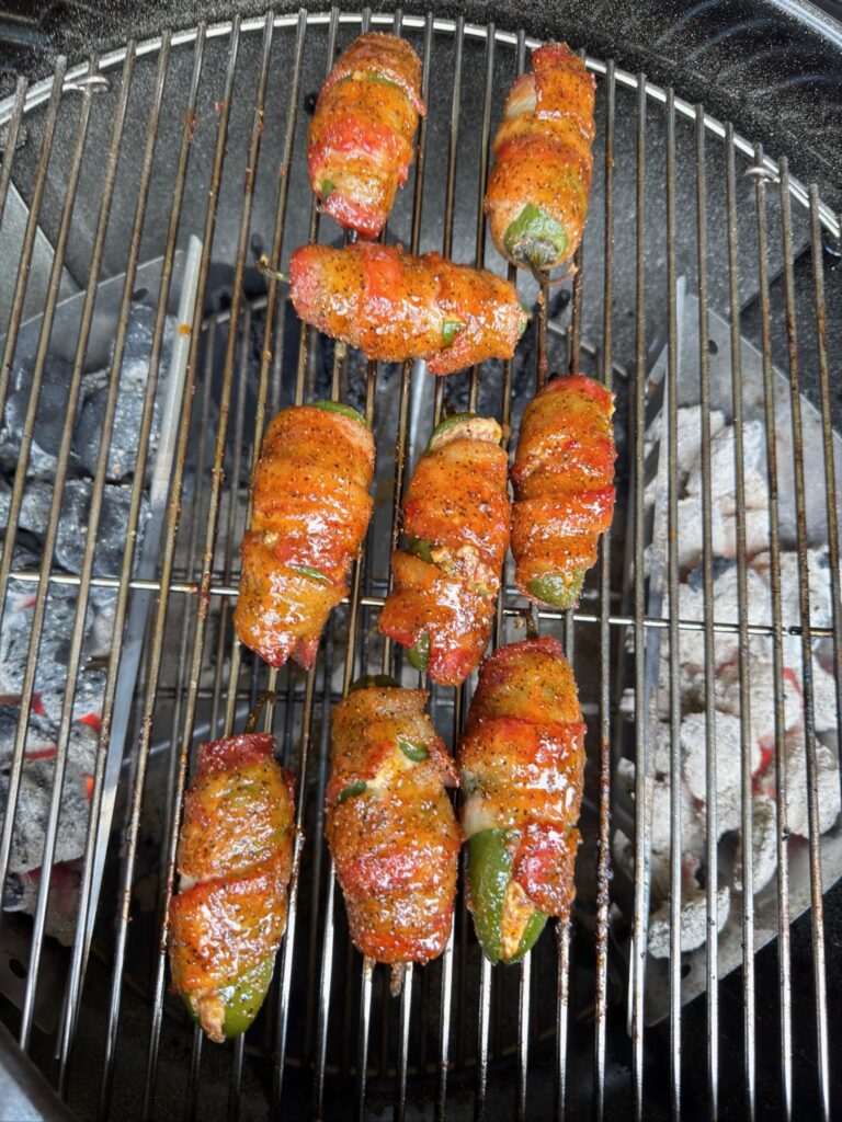 glazed bacon wrapped jalapenos on grill
