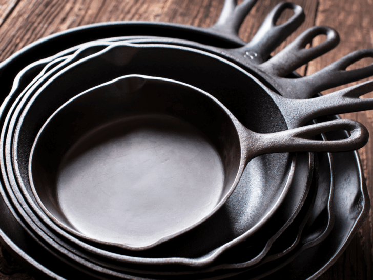 cast iron skillets stacked