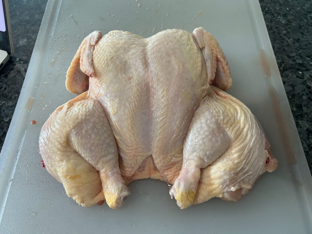 spatchcocked chicken, breast-side up