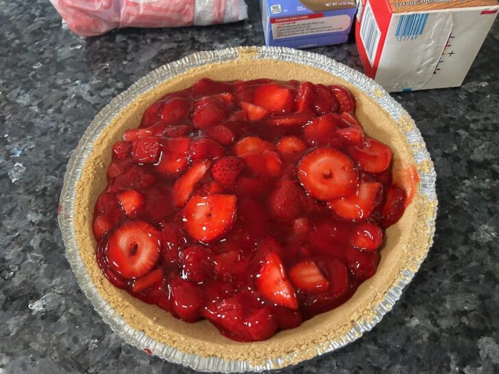 Strawberry pie filling in graham cracker crust