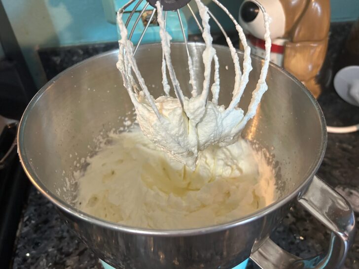 stabilized whipped cream in mixer with whisk attachment