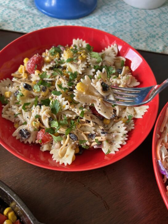 Simple Southwest Pasta Salad in red bowl